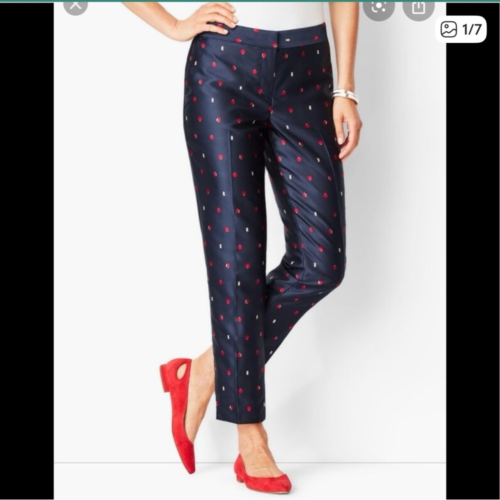 Talbots Jacquard Apple Print Slim Ankle Pants Size 8 Navy Teacher